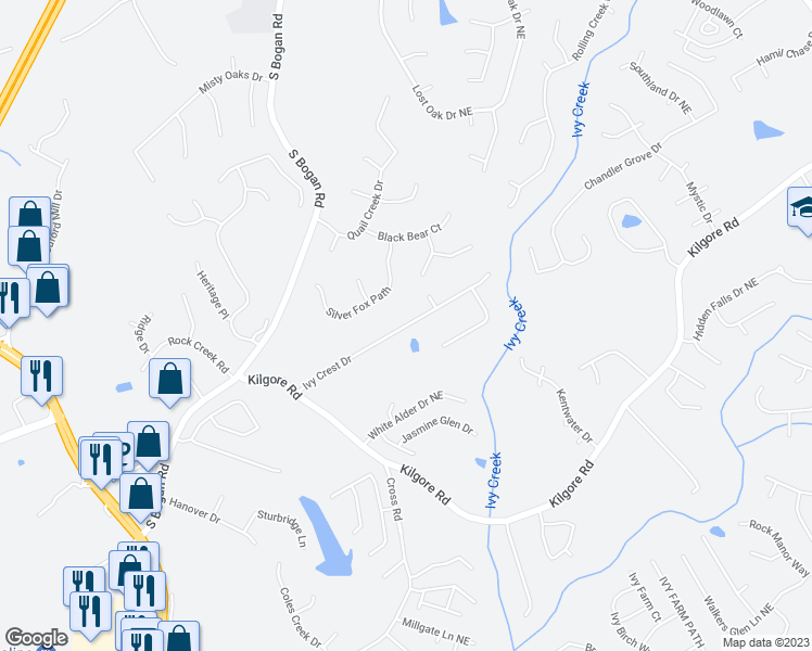 map of restaurants, bars, coffee shops, grocery stores, and more near 2286 Ivy Crest Drive in Buford