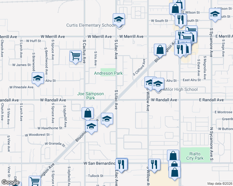 map of restaurants, bars, coffee shops, grocery stores, and more near 848 South Lilac Avenue in Rialto