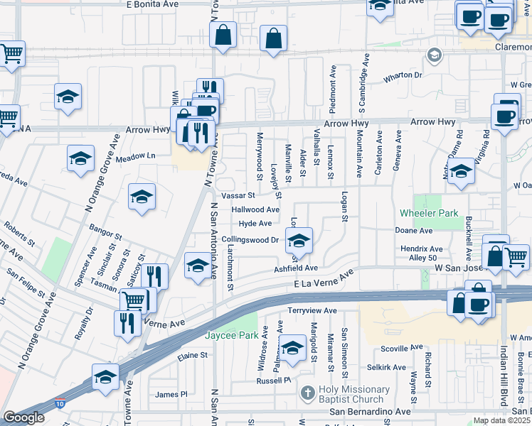 map of restaurants, bars, coffee shops, grocery stores, and more near 934 Hallwood Avenue in Pomona