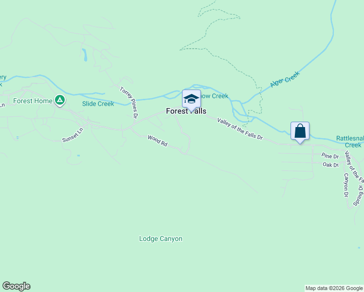 map of restaurants, bars, coffee shops, grocery stores, and more near 9245 Wood Road in Forest Falls