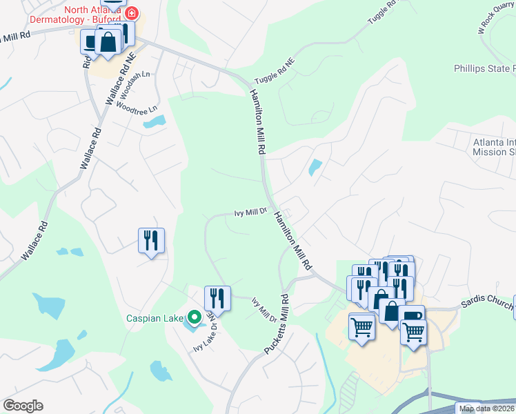 map of restaurants, bars, coffee shops, grocery stores, and more near 3050 Ivy Mill Drive in Buford