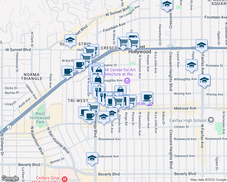 map of restaurants, bars, coffee shops, grocery stores, and more near 812 Croft Avenue in West Hollywood