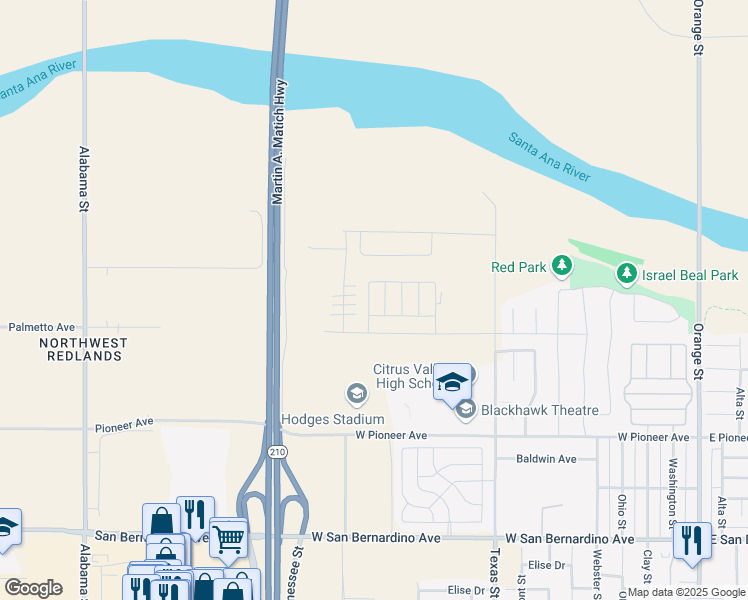 map of restaurants, bars, coffee shops, grocery stores, and more near 2052 Zest Street in Redlands
