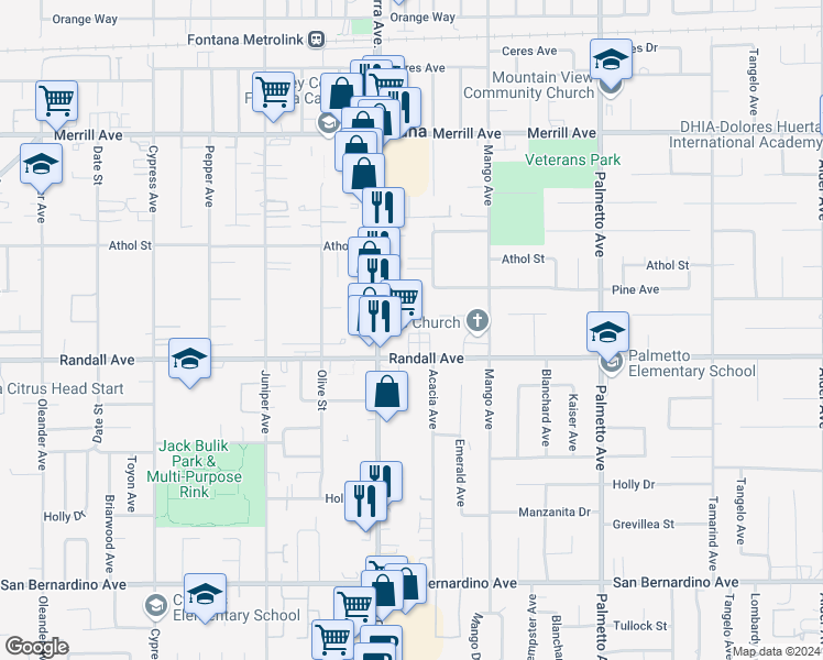 map of restaurants, bars, coffee shops, grocery stores, and more near 9250 Wheeler Court in Fontana