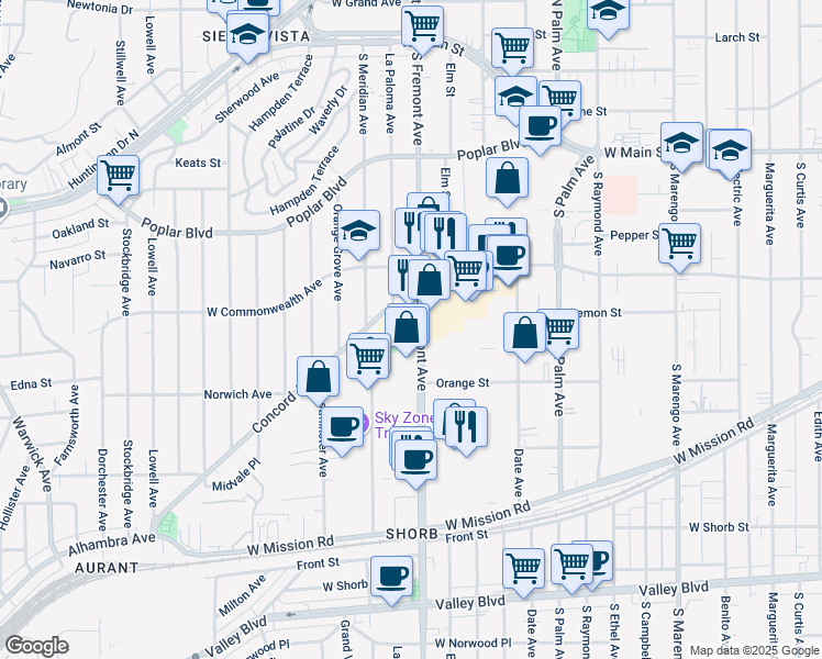 map of restaurants, bars, coffee shops, grocery stores, and more near 723 Fremont Avenue in Alhambra