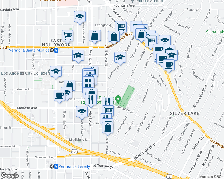 map of restaurants, bars, coffee shops, grocery stores, and more near 772 North Arthur Road in Los Angeles