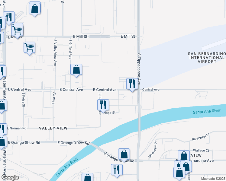 map of restaurants, bars, coffee shops, grocery stores, and more near 987A East Central Avenue in San Bernardino