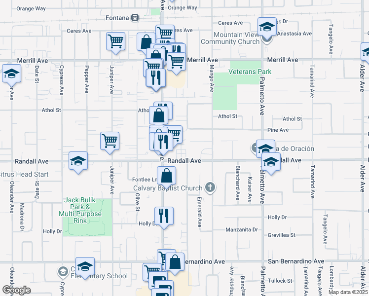 map of restaurants, bars, coffee shops, grocery stores, and more near 17005 Pinedale Court in Fontana