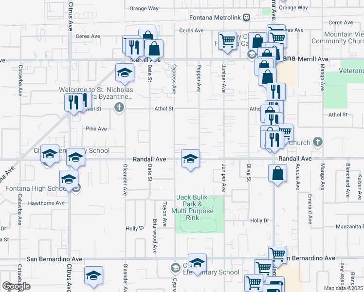 map of restaurants, bars, coffee shops, grocery stores, and more near 9233 Cypress Avenue in Fontana