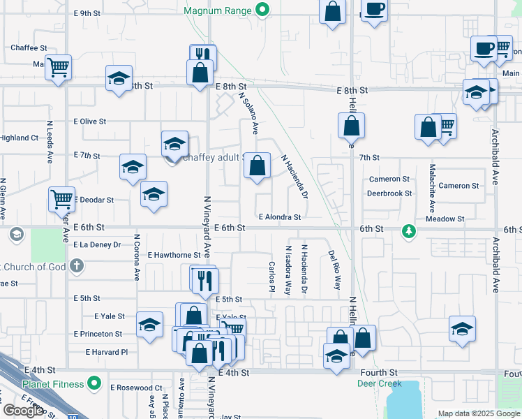map of restaurants, bars, coffee shops, grocery stores, and more near 1541 North Carlos Avenue in Ontario