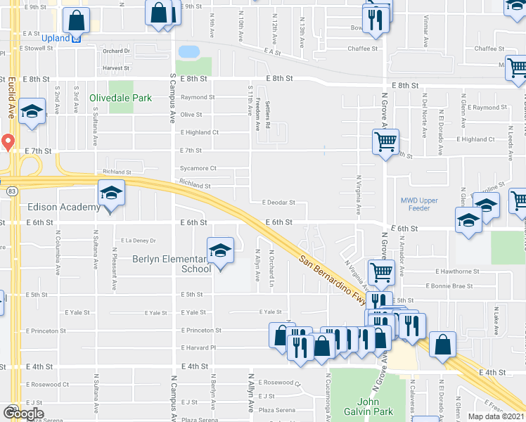 map of restaurants, bars, coffee shops, grocery stores, and more near 916 East Deodar Street in Ontario