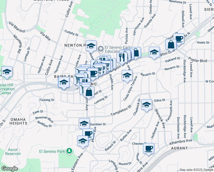 map of restaurants, bars, coffee shops, grocery stores, and more near 3503 Pueblo Avenue in Los Angeles