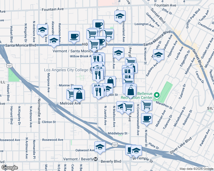 map of restaurants, bars, coffee shops, grocery stores, and more near 4213 Monroe Street in Los Angeles