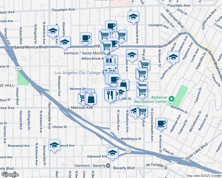 map of restaurants, bars, coffee shops, grocery stores, and more near 812 North Vermont Avenue in Los Angeles