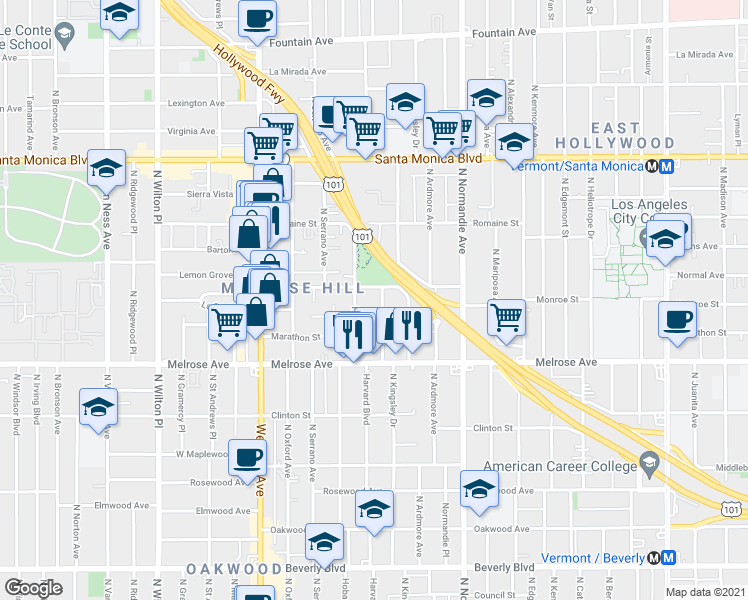 map of restaurants, bars, coffee shops, grocery stores, and more near 850 North Hobart Boulevard in Los Angeles