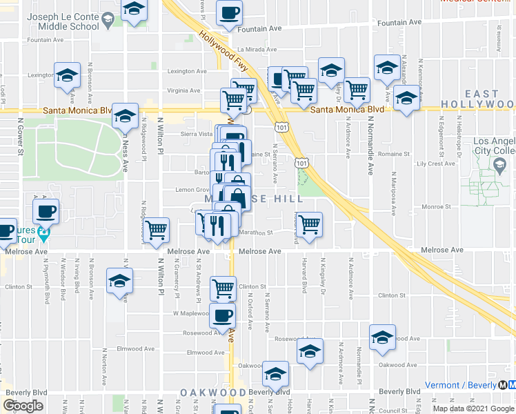 map of restaurants, bars, coffee shops, grocery stores, and more near in Los Angeles