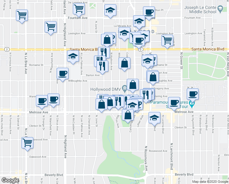 map of restaurants, bars, coffee shops, grocery stores, and more near 816 North Hudson Avenue in Los Angeles