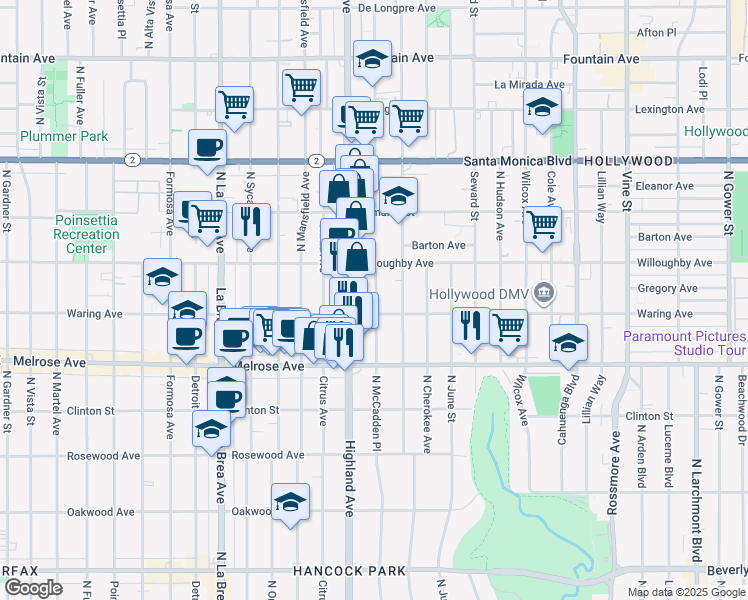 map of restaurants, bars, coffee shops, grocery stores, and more near 821 North McCadden Place in Los Angeles