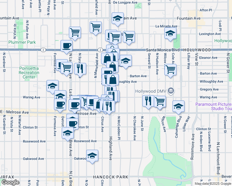 map of restaurants, bars, coffee shops, grocery stores, and more near 821 North McCadden Place in Los Angeles