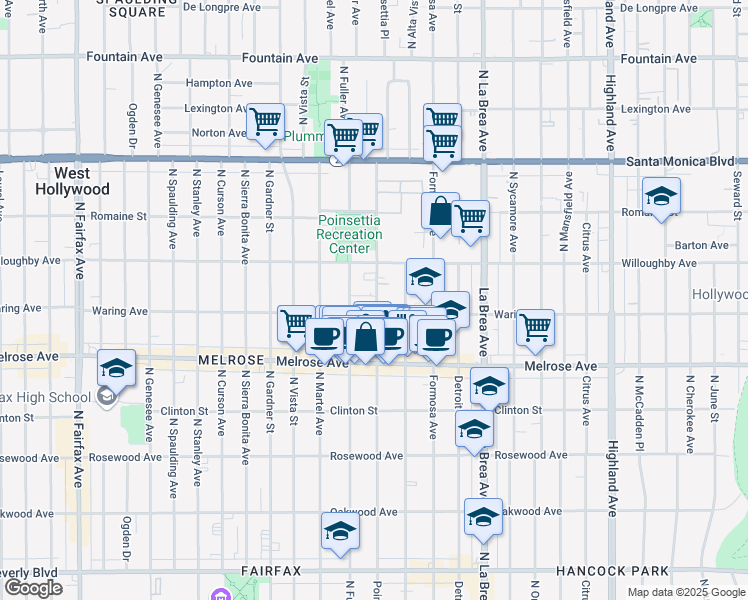 map of restaurants, bars, coffee shops, grocery stores, and more near 824 North Poinsettia Place in Los Angeles