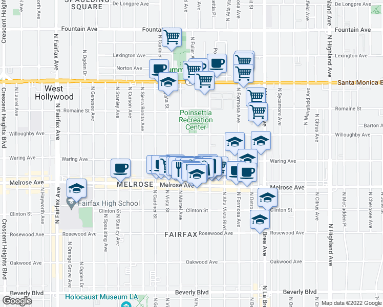 map of restaurants, bars, coffee shops, grocery stores, and more near 823 North Fuller Avenue in Los Angeles