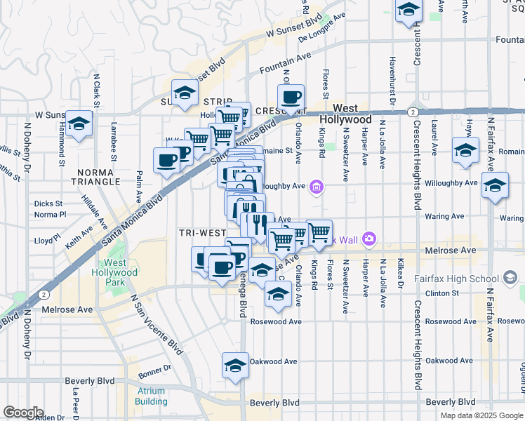 map of restaurants, bars, coffee shops, grocery stores, and more near 821 North Alfred Street in Los Angeles