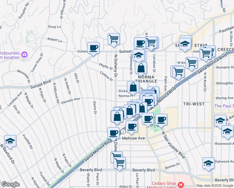 map of restaurants, bars, coffee shops, grocery stores, and more near 9036 Dicks Street in West Hollywood