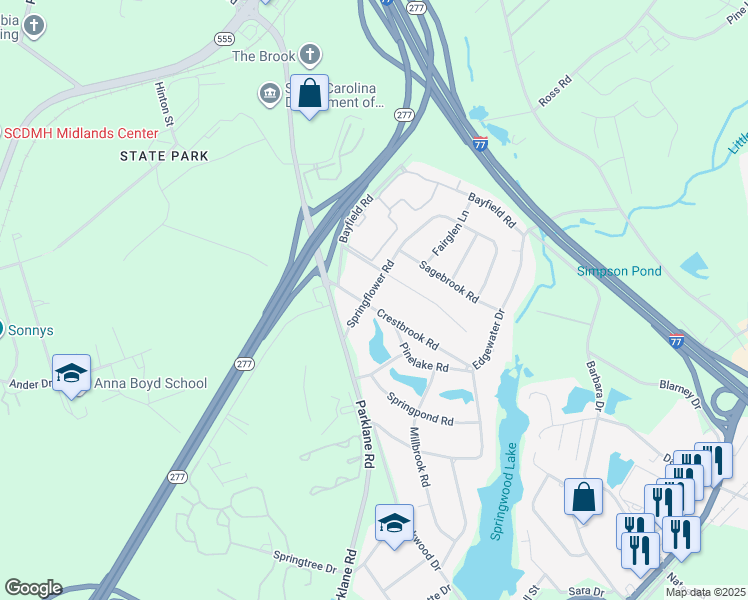 map of restaurants, bars, coffee shops, grocery stores, and more near 8004 Springflower Road in Columbia