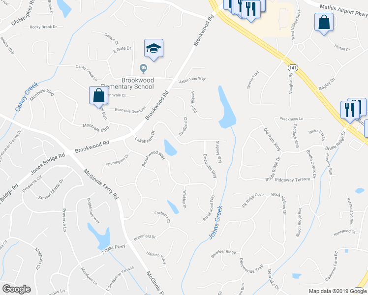 map of restaurants, bars, coffee shops, grocery stores, and more near 3550 Lakeheath Drive in Cumming
