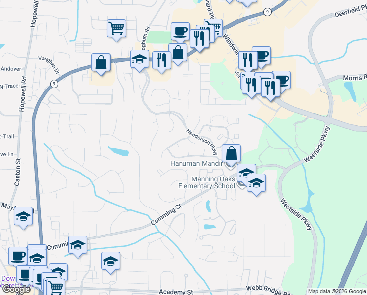 map of restaurants, bars, coffee shops, grocery stores, and more near 6010 Liana Point in Alpharetta