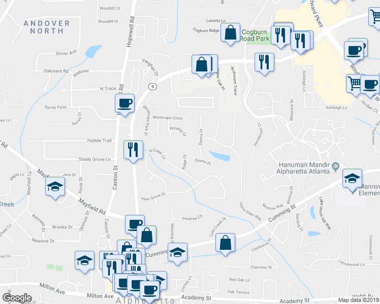 map of restaurants, bars, coffee shops, grocery stores, and more near 450 Ridge Court in Alpharetta