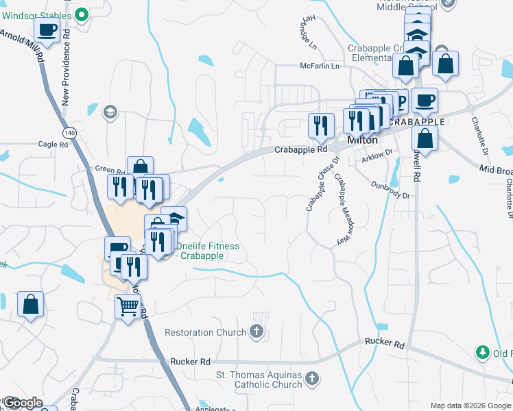 map of restaurants, bars, coffee shops, grocery stores, and more near 355 Singletree Trce in Alpharetta