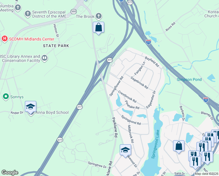 map of restaurants, bars, coffee shops, grocery stores, and more near 7710 Crestbrook Road in Columbia