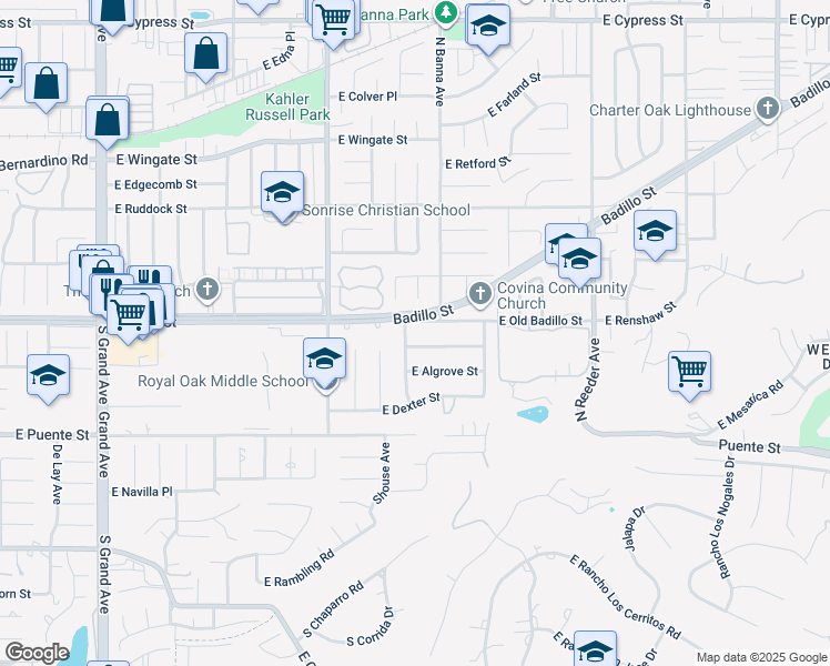map of restaurants, bars, coffee shops, grocery stores, and more near in Covina