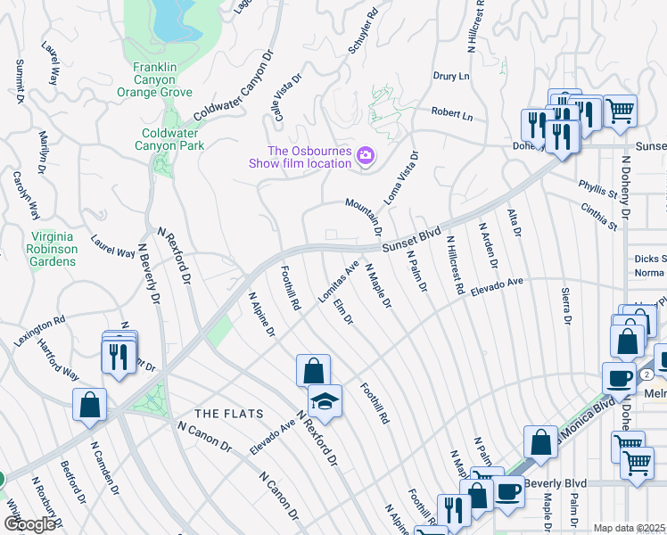 map of restaurants, bars, coffee shops, grocery stores, and more near 804 Elm Drive in Beverly Hills