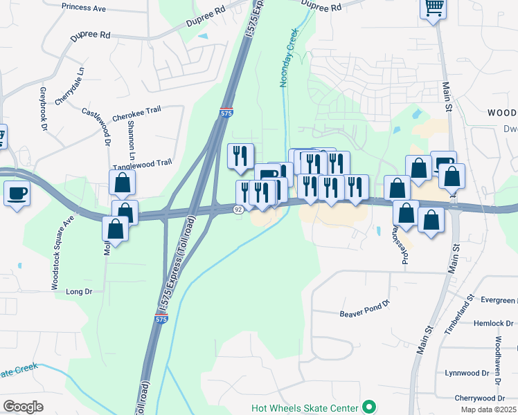 map of restaurants, bars, coffee shops, grocery stores, and more near Alabama Road in Acworth