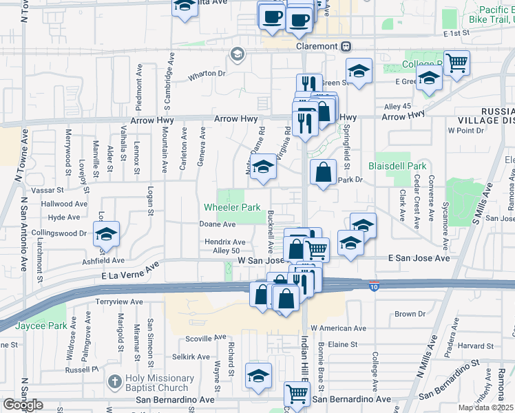 map of restaurants, bars, coffee shops, grocery stores, and more near 550 Vista Drive in Claremont