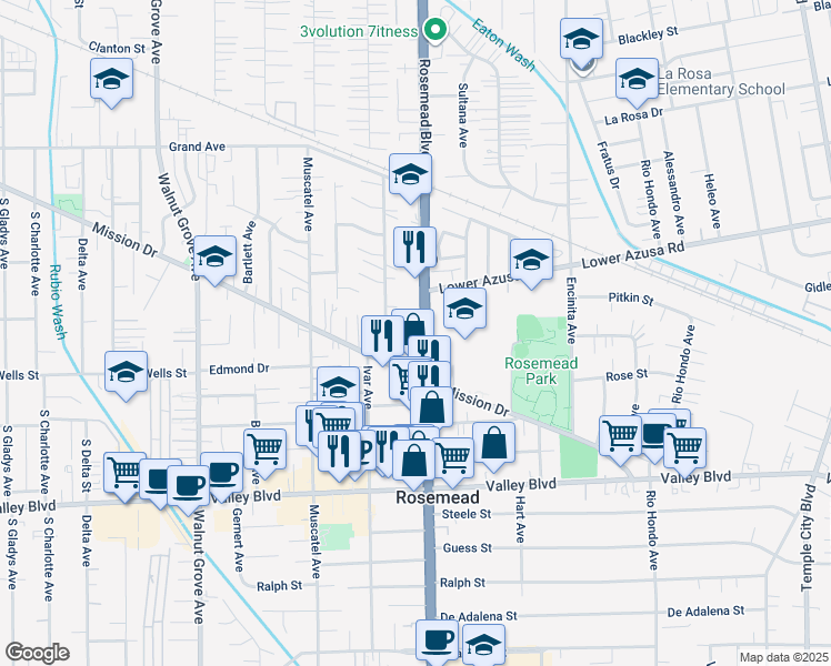 map of restaurants, bars, coffee shops, grocery stores, and more near 4405 Rosemead Boulevard in Rosemead
