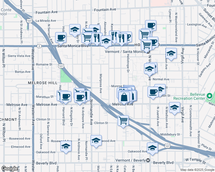 map of restaurants, bars, coffee shops, grocery stores, and more near 779 Alexandria Avenue in Los Angeles