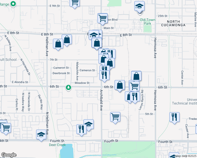 map of restaurants, bars, coffee shops, grocery stores, and more near 9240 Archibald Avenue in Rancho Cucamonga