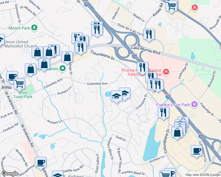 map of restaurants, bars, coffee shops, grocery stores, and more near 109 Wandering Brook Road in Irmo