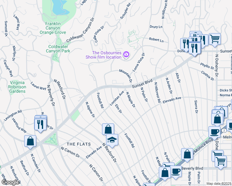 map of restaurants, bars, coffee shops, grocery stores, and more near 804 Elm Drive in Beverly Hills