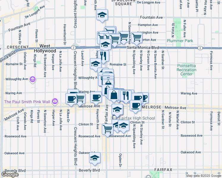 map of restaurants, bars, coffee shops, grocery stores, and more near 813 North Orange Grove Avenue in Los Angeles