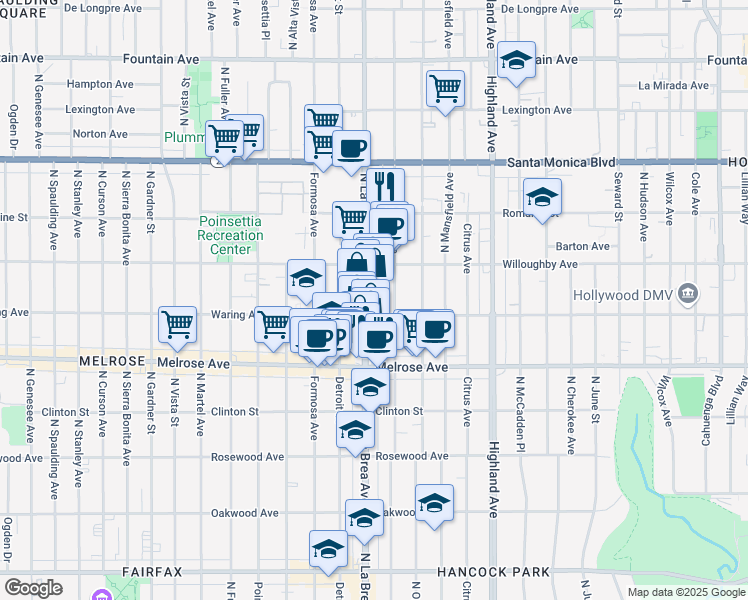 map of restaurants, bars, coffee shops, grocery stores, and more near 832b North La Brea Avenue in Los Angeles