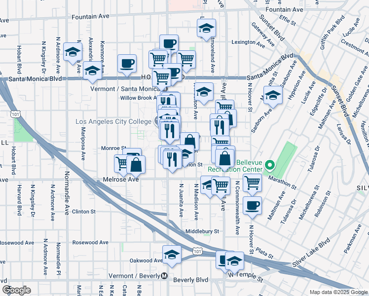 map of restaurants, bars, coffee shops, grocery stores, and more near 4229 1/2 Monroe Street in Los Angeles