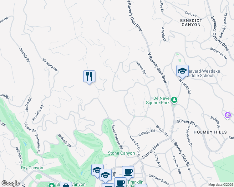 map of restaurants, bars, coffee shops, grocery stores, and more near 725 Bel Air Road in Los Angeles