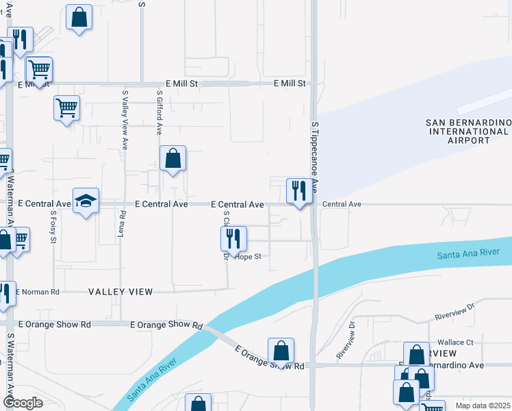 map of restaurants, bars, coffee shops, grocery stores, and more near 987A East Central Avenue in San Bernardino
