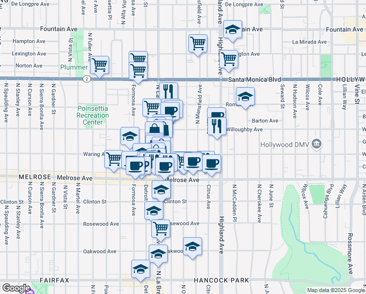 map of restaurants, bars, coffee shops, grocery stores, and more near 817 North Orange Drive in Los Angeles