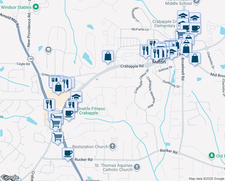 map of restaurants, bars, coffee shops, grocery stores, and more near 355 Singletree Trce in Alpharetta