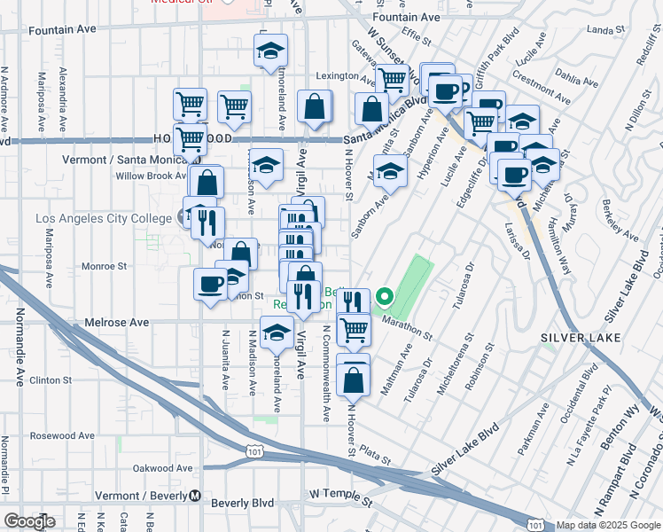 map of restaurants, bars, coffee shops, grocery stores, and more near 4029 Monroe Street in Los Angeles